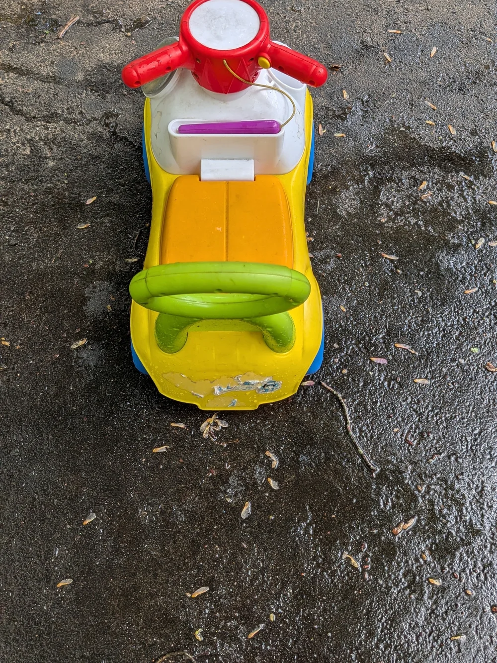Kids Push Ride-On Toy Car in Yellow & Green with Red Steering